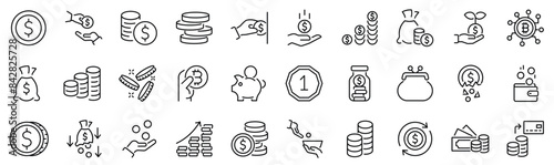 Set of 30 outline icons related to coins. Linear icon collection. Editable stroke. Vector illustration