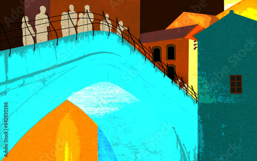 Ilustracja błękitny most spacerujący ludzie nocna pora stare domy.