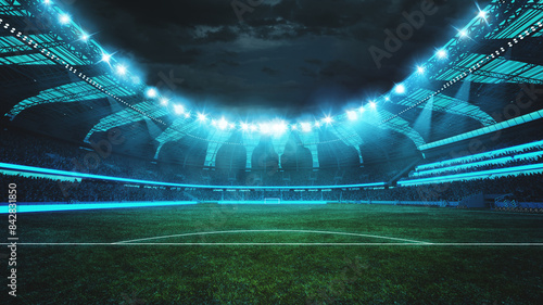 Beautifully lit football stadium at night, with intense beams of light highlighting perfectly maintained pitch. 3D rendering. Concept of professional sport, competition, championship, match, energy