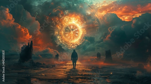A solitary figure walking towards a radiant clock surrounded by vibrant clouds and futuristic ruins, SciFi, High Contrast, Surreal 8K , high-resolution, ultra HD,up32K HD