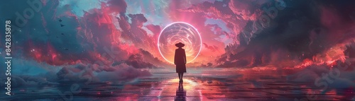 Lone figure in a hat standing on a reflective path, with a giant glowing clock and neonlit clouds, SciFi, Neon, Surreal 8K , high-resolution, ultra HD,up32K HD