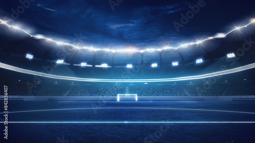 Under dazzling stadium lights, empty football field ready for intense match and shouting crowd of fans on background. Concept of professional sport, competition, championship, match, energy