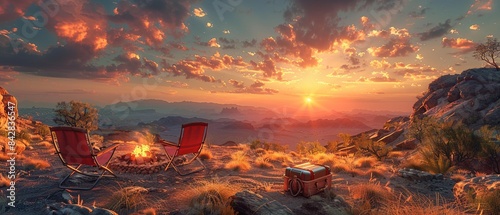 Sunset camping scene with chairs around a fire, grill setup, and scenic desert landscape, Digital Art, Warm, Evening 8K , high-resolution, ultra HD,up32K HD