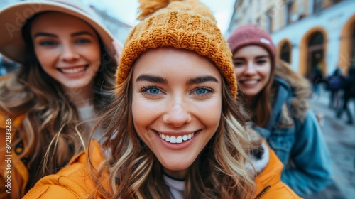 Three young women in stylish winter attire taking a selfie together with one wearing a knitted yellow hat