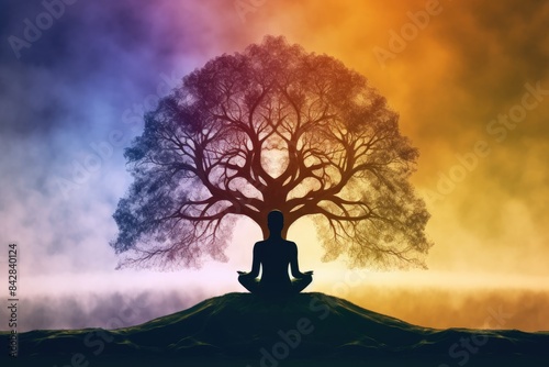 Man Meditating Under a Tree with Rainbow Colors in the Sky at Sunset Background