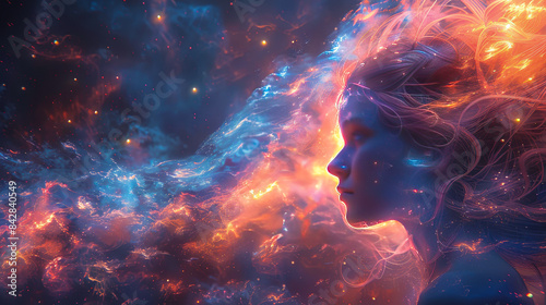 Galactic Beauty: Surreal Portrait Of Woman With Celestial Light, Ai Generated