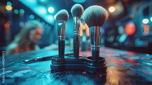 Professional makeup brushes in organizers at beauty salon with artist assisting client