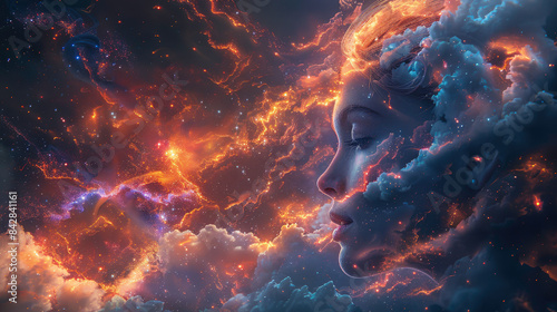 Celestial Dream: Surreal Portrait Of Woman With Cosmic Clouds, Ai Generated