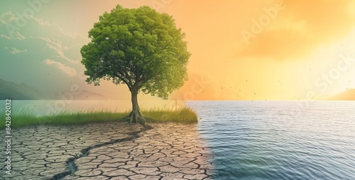 A tree on the left half is lush and green, while in front of it there's dry cracked soil under an orange sky. The right side shows water and grass, symbolizing nature in its natural state.
