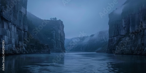 wide river with tall cliffs on both sides, gigantic conrete brutalist architecture in fog, cinematic, centre composition, dark, blue hour 