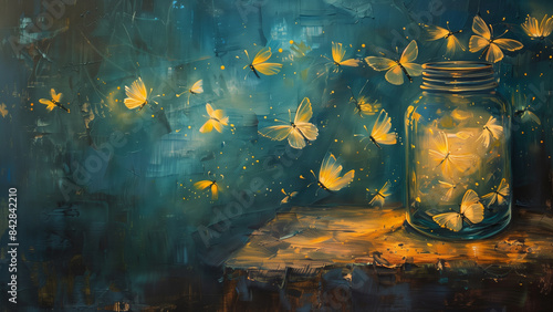 Summer Serenity: Vintage Oil Painting of Fireflies in a Jar