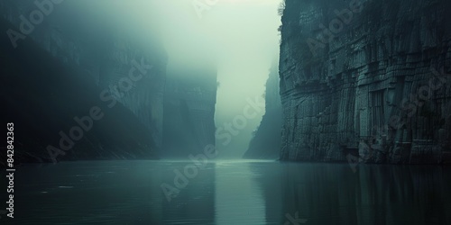 wide river with tall cliffs on both sides, gigantic conrete brutalist architecture in fog, cinematic, centre composition, dark, blue hour 