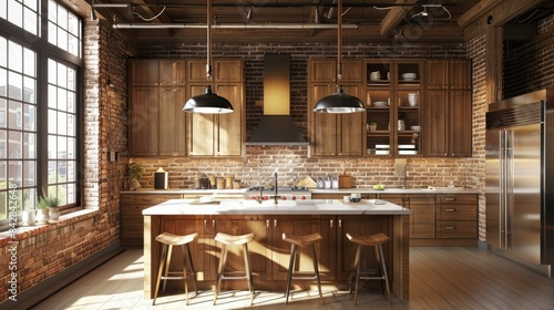 Bright kitchen featuring wooden cabinets, brick walls, and glowing pendant lights.