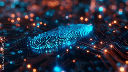 Digital surface with blue fingerprint is integrated into the printed circuit and releasing binary codes on dark background.