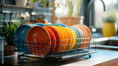 Close-up of a well-organized dish rack with colorful plates and cups in a modern kitchen.