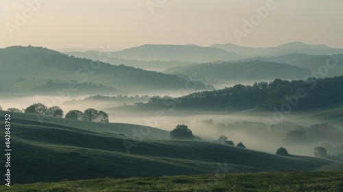 Dawn in the hills ridge blurred by morning mist expansive scenery