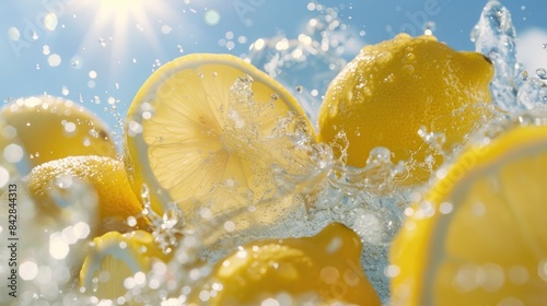 Fresh lemonade made with natural ingredients featuring yellow lemons in bubbly soda water against a sunny backdrop