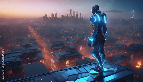 Cyber Warrior Overlooking Futuristic City