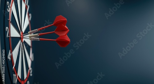 Perfect Accuracy: Red Darts Striking the Bullseye on a Dartboard with Blue Background