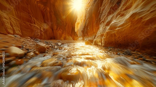 Warm sunlight filtering through the narrow canyon walls, illuminating the river below