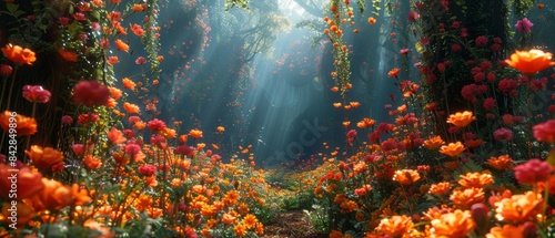 A fantasy landscape with oversized flowers and plants creating a magical atmosphere. 