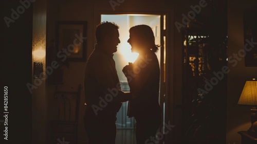 A young couple is arguing and fighting. Domestic violence and emotional abuse scene, woman is stressed out and aggressive man is scream at her in a dark hallway of an apartment.