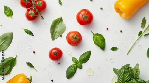 Background with tomatos and paprika, basil and spinach, water drops and spices on white banner