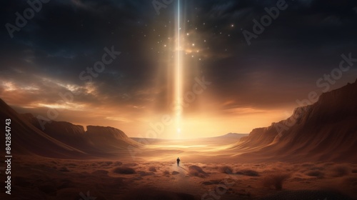 A breathtaking sunset over a vast desert landscape with a beam of light shining from the sky, capturing a moment of awe and wonder.