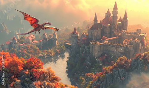 A magical dragon flying over a castle. Realistic.