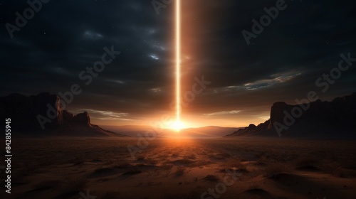 A dramatic beam of light illuminates a barren desert landscape at sunrise, creating a striking contrast against the dark, cloudy sky.