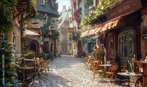 A charming European street with cafes and shops. Realistic.
