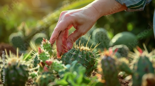 Hand gently touching cactus spines with people carefully taking care of the cacti plants in a garden setting. Delicate balance between nature and human care amidst a vibrant green background