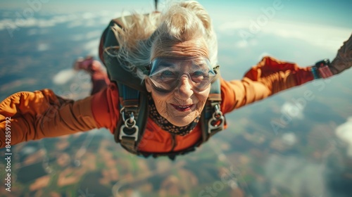 The thrilling experience of a senior woman skydiving, vividly captured with sheer excitement and adrenaline