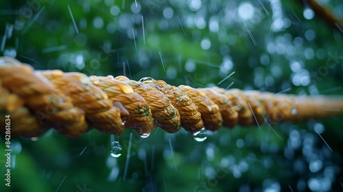 Detailed capture of a taut rope during rainfall with glistening raindrops suspended from it
