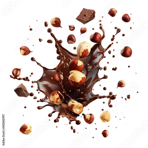 Hazelnuts and chocolate pieces flying in the air after an explosion isolated on transparent background.