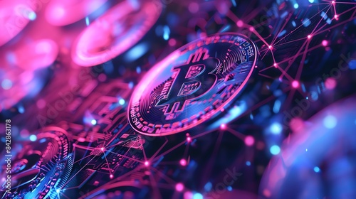 Closeup of Bitcoin and blockchain technology with neon lighting. Conceptual image of cryptocurrency and digital transactions.