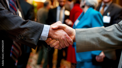 Two individuals shake hands in a professional setting, symbolizing agreement and connection amidst a gathering of business professionals.