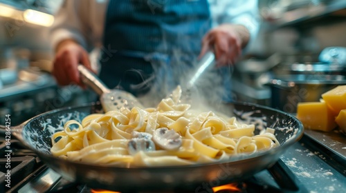 A chef is actively stirring fettuccine pasta in a sauté pan over a gas stove, with steam rising from the pan