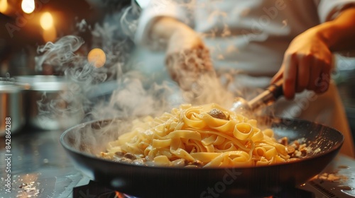 A professional chef expertly tosses pasta with steam emanating from the hot skillet in a dynamic kitchen scene