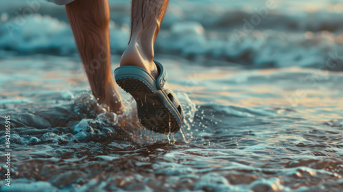 A close-up of feet walking along the shoreline at sunset, waves lapping gently, evoking a sense of calm and freedom.