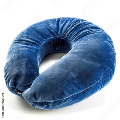 Comfort Travel Companion: ฺBlue Plush Neck Travel Pillow on White Background