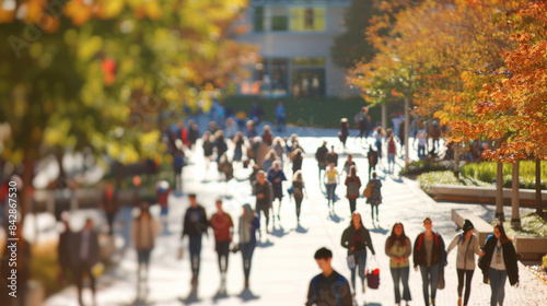 A busy university campus walkway in autumn, filled with students making their way through the pleasant, tree-lined campus amidst colorful fall scenery.