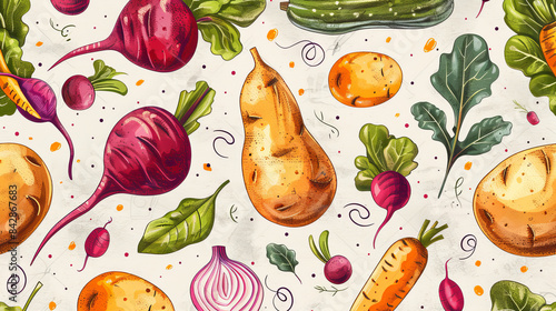 A playful, whimsical seamless pattern with hand-drawn doodles of various root vegetables, like potatoes, beets, and radishes, surrounded by swirls and textures.