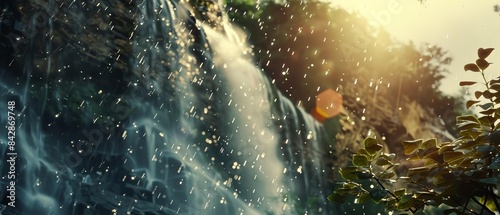 Capture a low-angle view of a majestic waterfall, showcasing the water droplets glistening in the sunlight, creating a serene and powerful image,