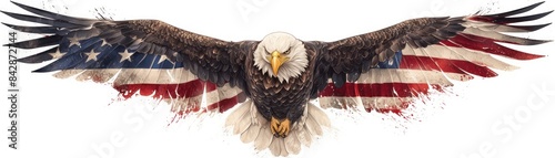 Majestic bald eagle with American flag wings soaring in flight, symbolizing freedom, patriotism, and strength. Inspirational imagery. independence day concept