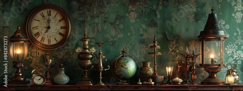 Compose a still life arrangement of antique objects against a textured blue wallpaper, highlighting the beauty of age and patina.