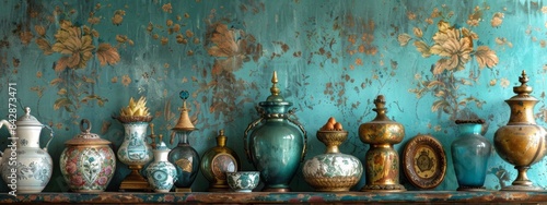 Compose a still life arrangement of antique objects against a textured blue wallpaper, highlighting the beauty of age and patina.