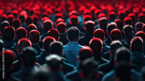 A single individual stands out in a crowd illuminated by red lights, symbolizing uniqueness and individuality in a conformist society.