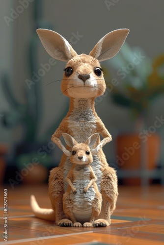  3D rendering of a kangaroo with a joey in its pouch 