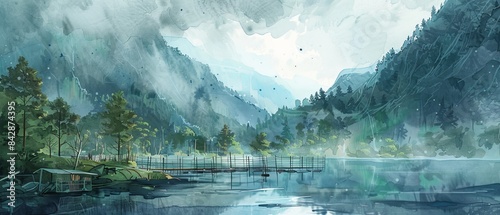 Serene mountain landscape with misty forest, peaceful lake, and distant peaks, shrouded in fog, creating a tranquil, scenic view.